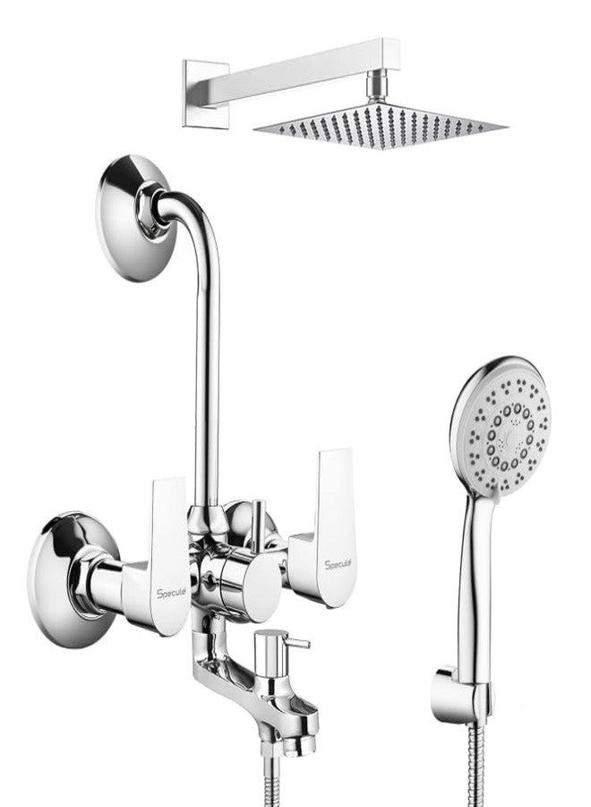 Specule Nyra Series Brass, Wall Mixer For Bathroom 3 in 1 | With 8x8 Inches Overhead Shower Set | 5 Flow Hand Shower Set with 1.5 Meter Hand Shower Pipe | Wall Mixer | Shower Set (Chrome) - Image 1